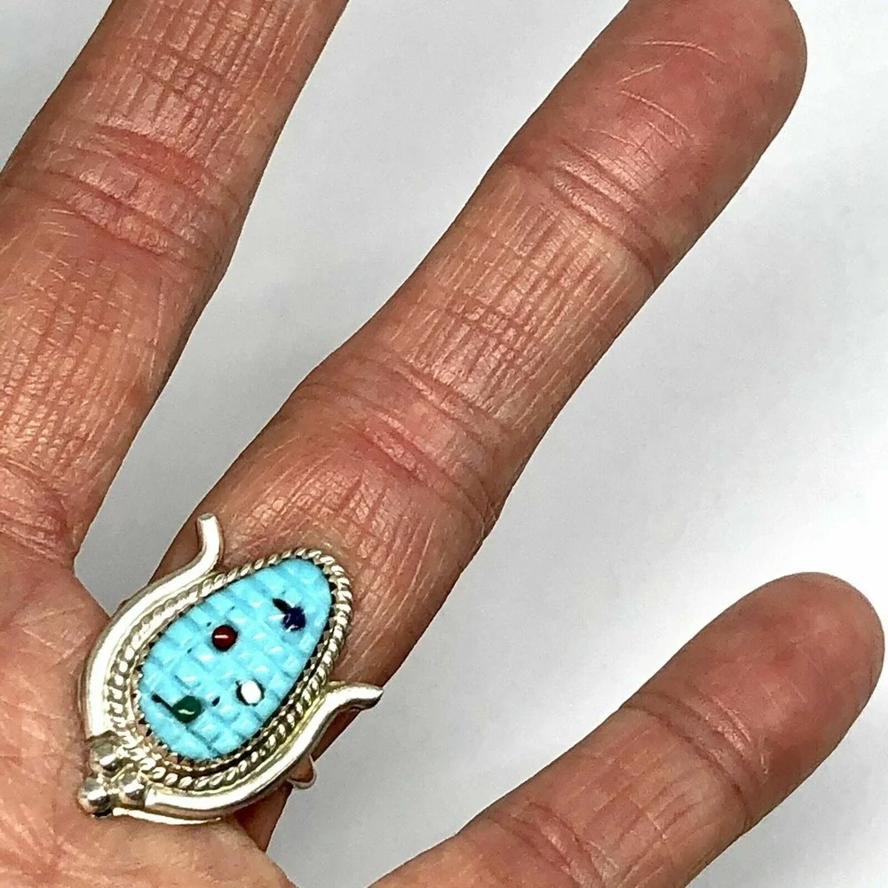 Native American Corn Ring Zuni Inlay Sz 8 Carved Turquoise Sterling Ear Signed